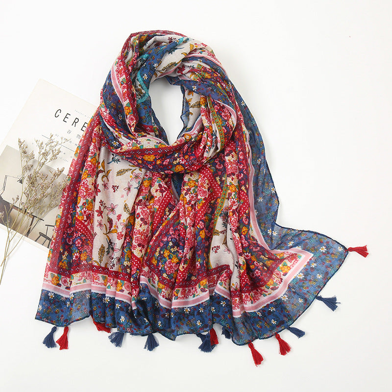 New Retro Fragmented Flower Art Cotton Linen Scarf For Women Thin Bohemian Print Splice Cashew Nut Ethnic Style