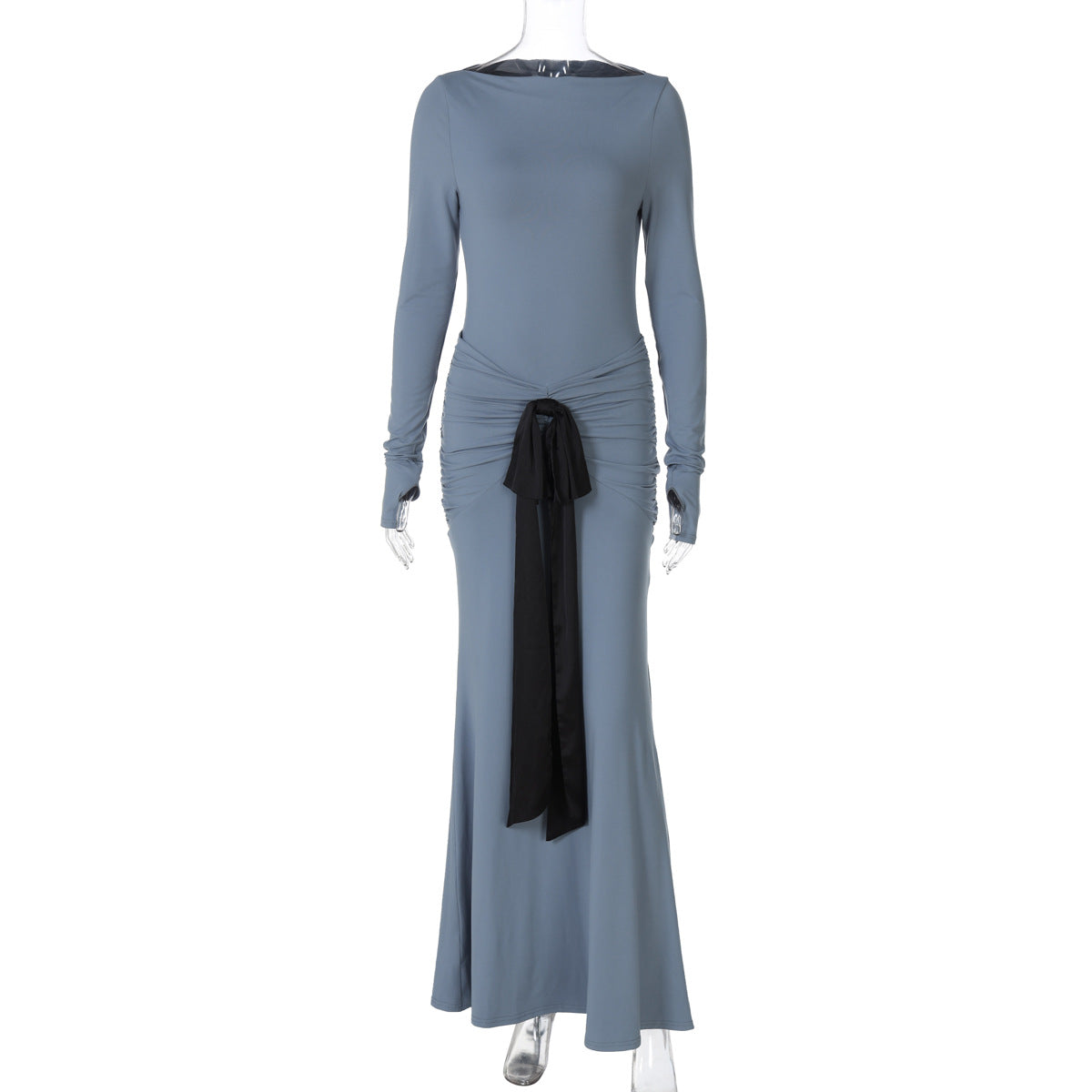 Fashionable Solid Color Long Sleeve Dress with Waist Tie