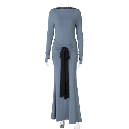 Fashionable Solid Color Long Sleeve Dress with Waist Tie