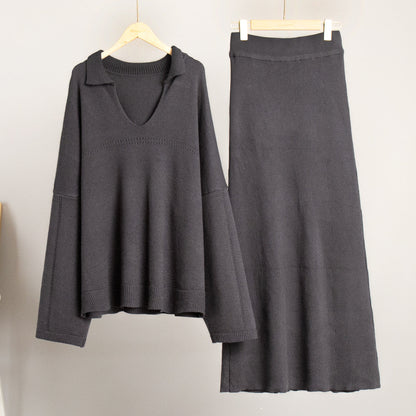 2 Pcs Trendy Knit V-Neck Sweater Maxi Skirt Set