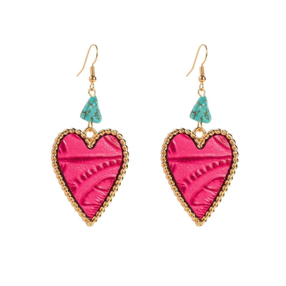 Heart-Shaped Turquoise and Leather Alloy Earrings for Women