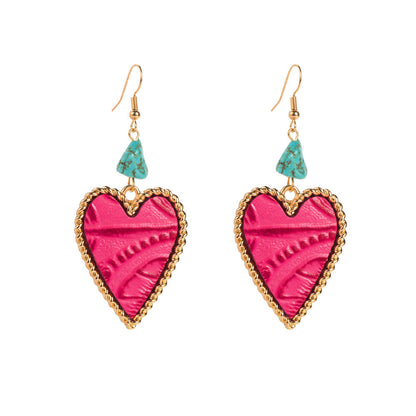 Heart-Shaped Turquoise and Leather Alloy Earrings for Women