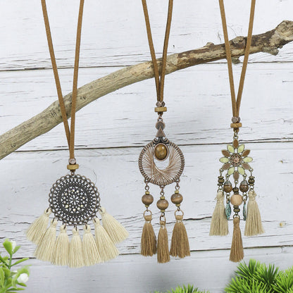 Bohemian Long Pendant Necklace with Tassels and Floral Design