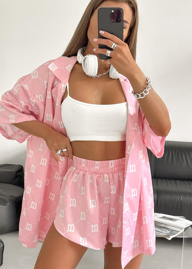 Satin Two Piece Lounge Set With Monogram Print