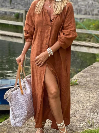 Solid Color Casual Long Sleeve Midi Cotton Linen Shirt Dress