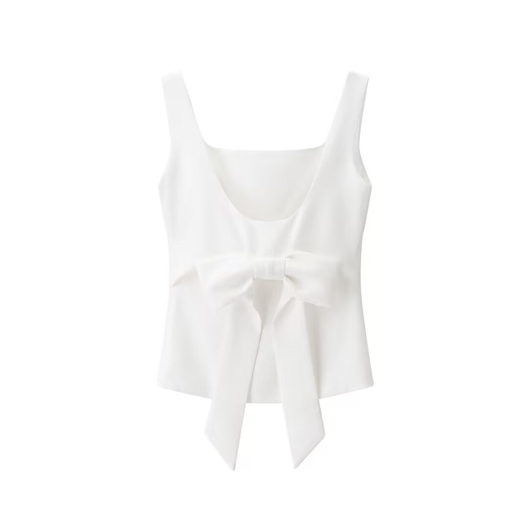 Trendy Solid Color Bowkont Back Sleeveless Top