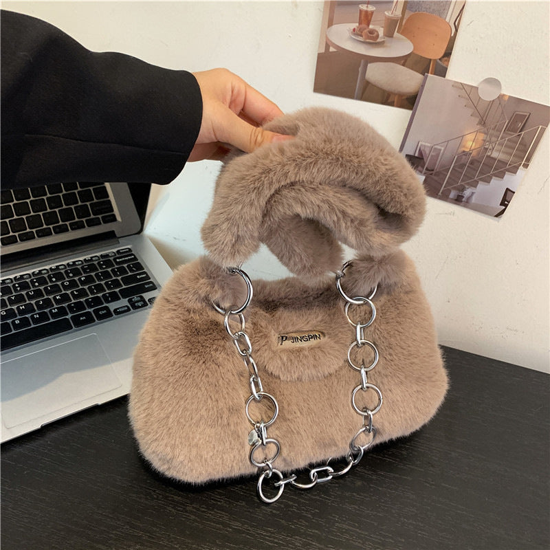 Fashionable Plush Shoulder Bag with Chain