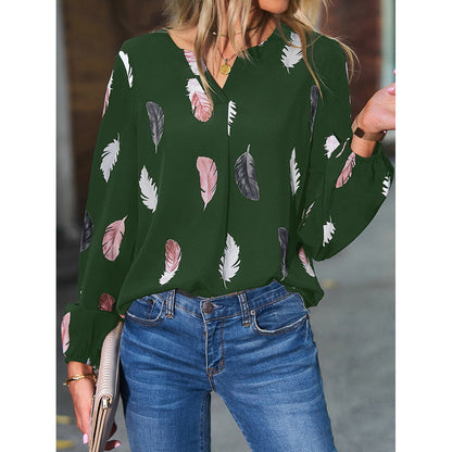Women'S V-Neck Feather Print Long Sleeves Loose T-Shirt Blouse