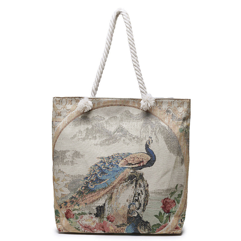Double-Sided Ethnic Style Embroidery Bag Women'S Live Embroidery Peacock Elephant Canvas Bag