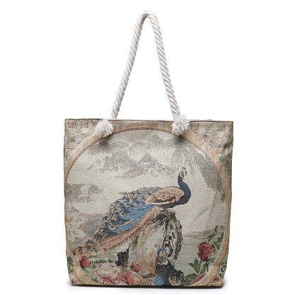 Double-Sided Ethnic Style Embroidery Bag Women'S Live Embroidery Peacock Elephant Canvas Bag
