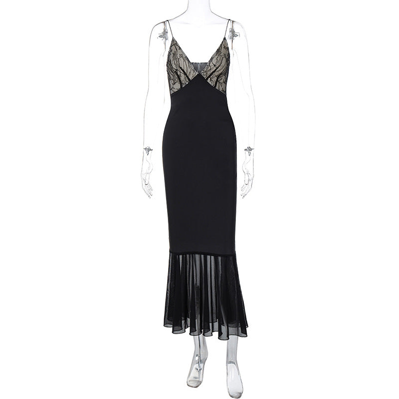 Sexy Lace Panel Cami Dress with Sheer Skirt