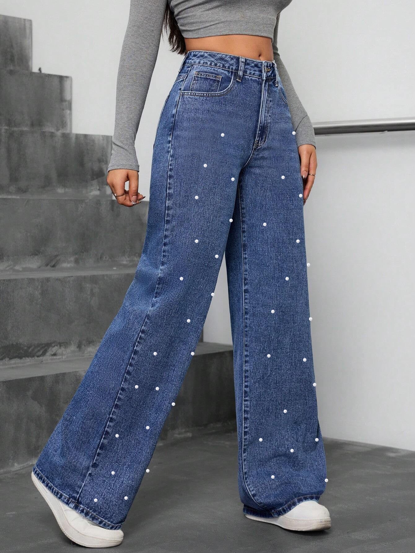 Casual Pearl High Waist Baggy Denim Pants