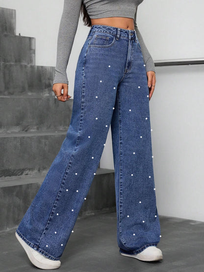 Casual Pearl High Waist Baggy Denim Pants
