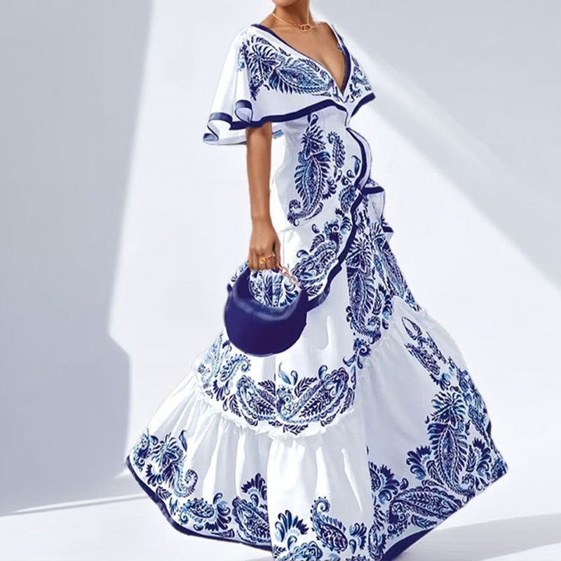 Elegant Floral V-Neck Dress with Ruffled Hem