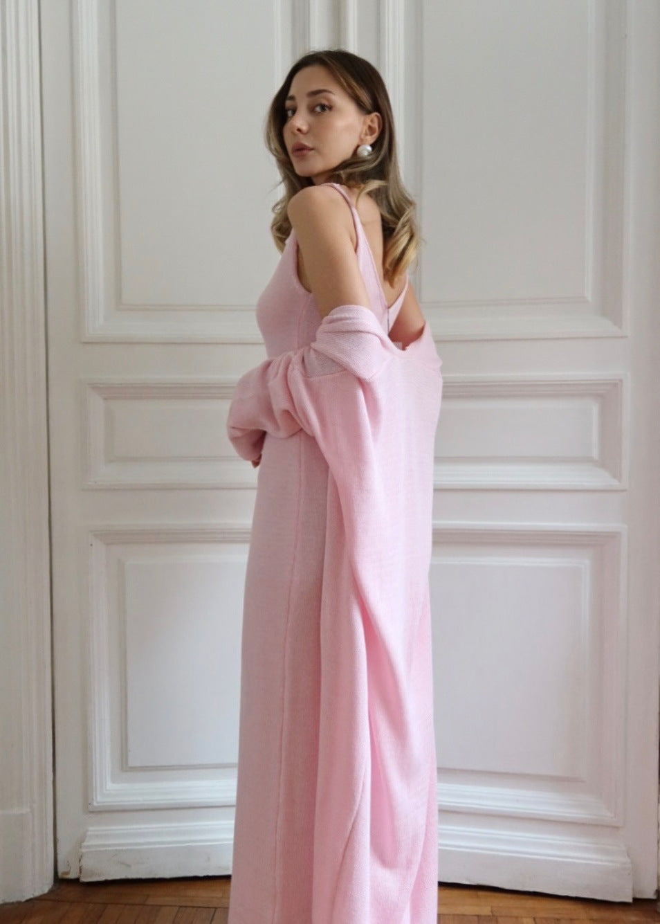 Knit Maxi Dress With Cardigan Set In Powder