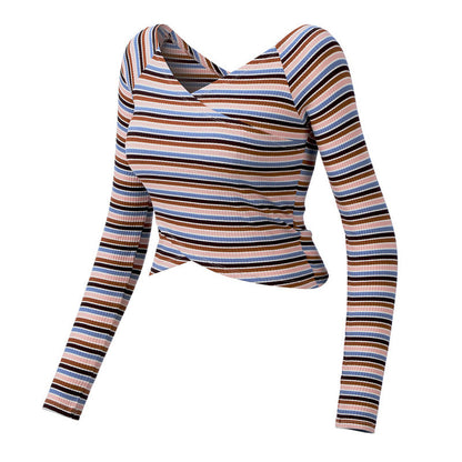 Striped Slim Yoga Women'S Fitness Yoga Short T-Shirt
