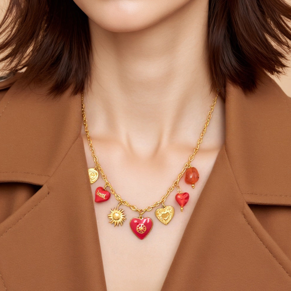Heart Sun Pendant Stainless Steel Necklace Elegant Locking Clavicle Chain