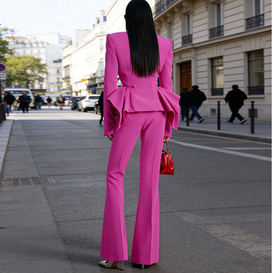 Designer Ruffled Top & Flared Pants Set - Elegant Casual Wear