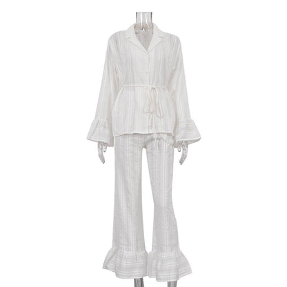 Casual Ruffled Shirt And Pant Set Cotton Long Sleeve