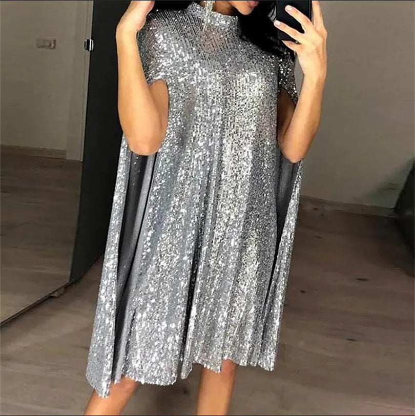 Sequin Long Sleeve Cape Dress with Stand Collar for Women