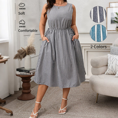 Stylish Striped Pocket Sleeveless Midi Dress for Casual Wear