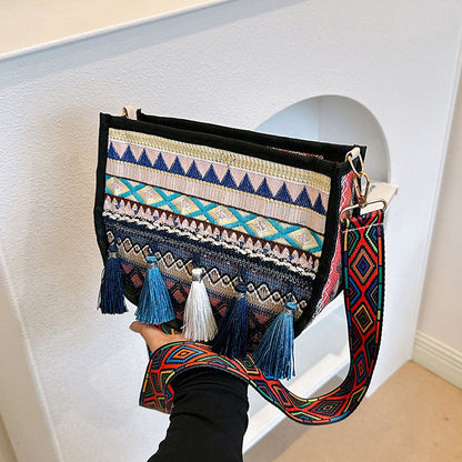 Woven Fringe Crossbody Bag Stylish Cotton Handbag