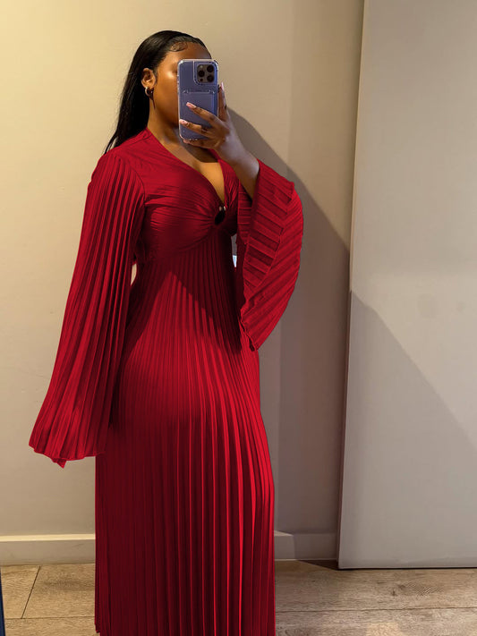 Elegant Solid V-Neck Long Sleeve Dress For Women