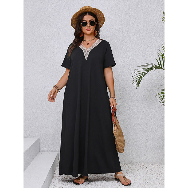 Plus Size V-Neck A-Line Dress Elegant Casual Black Dress