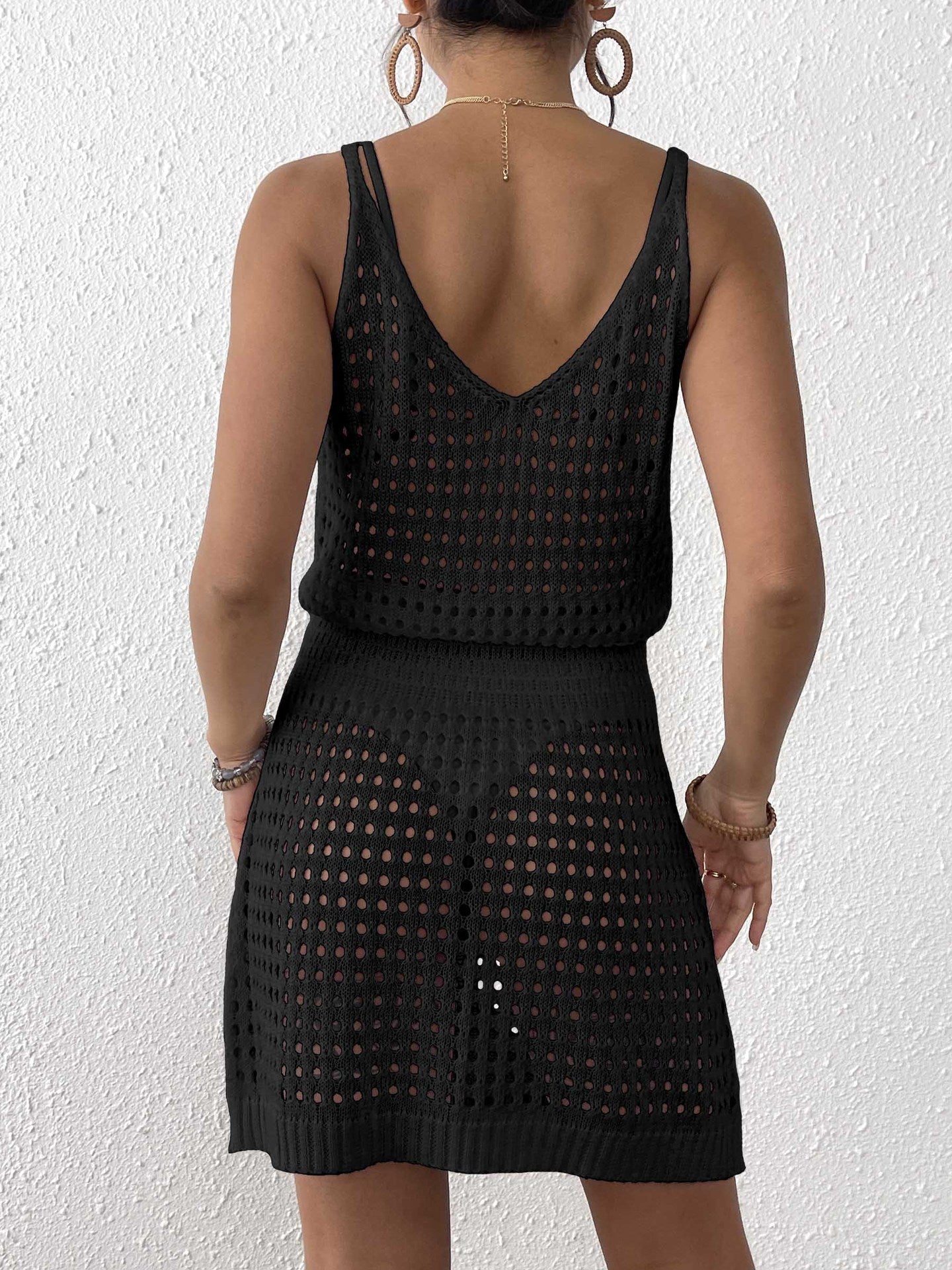 V-Neck Hollow Out Cover Up Mini Dress