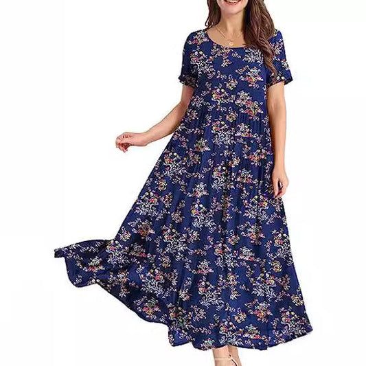 Summer Beach Medium And Long Dress Comfortable Pleated Dress Casual Loose Floral Dress