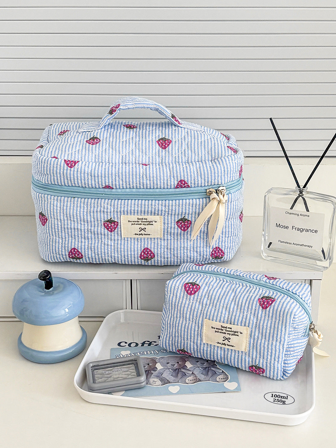 Blue Strawberry Striped Makeup Bag Quilted Portable Toiletry Bag