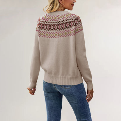 Vintage Jacquard Round Neck Pullover Knit Sweater