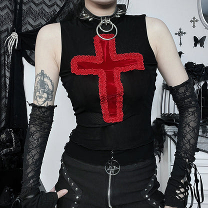 Trendy Cross Design Sleeveless Vest Top Casual Streetwear