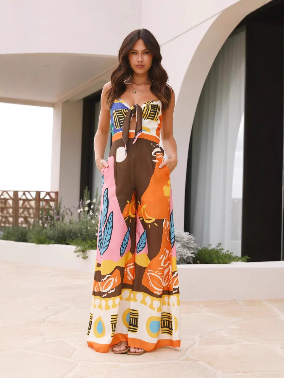 New Waist-Tie Wide Leg Jumpsuit in Blue Green Yellow