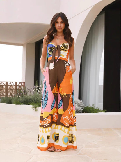 New Waist-Tie Wide Leg Jumpsuit in Blue Green Yellow