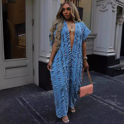 Loose Fit Denim Jumpsuit With Deep V Neck For Women