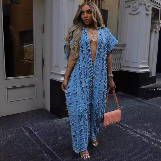 Loose Fit Denim Jumpsuit With Deep V Neck For Women
