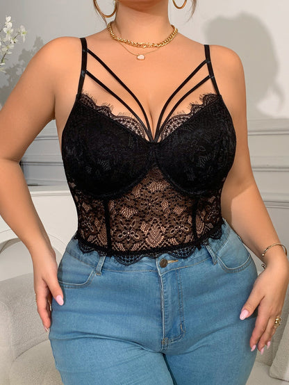 Plus Size Lace Bodice Camisole Black Sexy Top