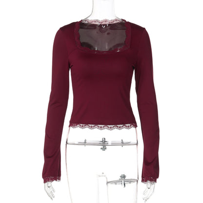 Trendy Lace-Trimmed Square Neck Long Sleeve Slim Fit Top