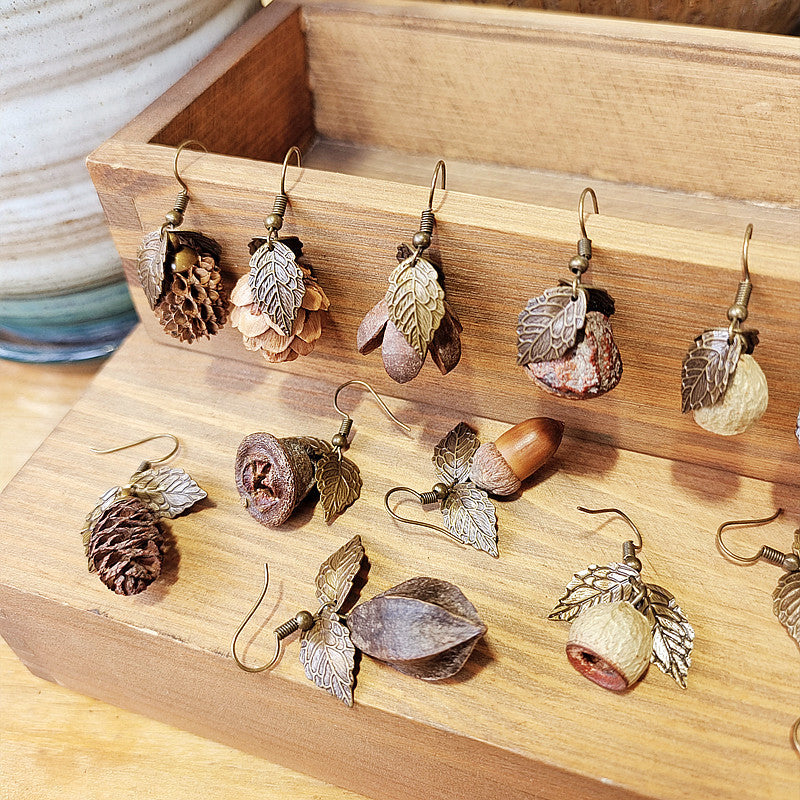 Creative Long Leaf Wood Earrings with Natural Dried Fruits