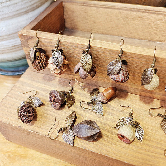 Creative Long Leaf Wood Earrings with Natural Dried Fruits