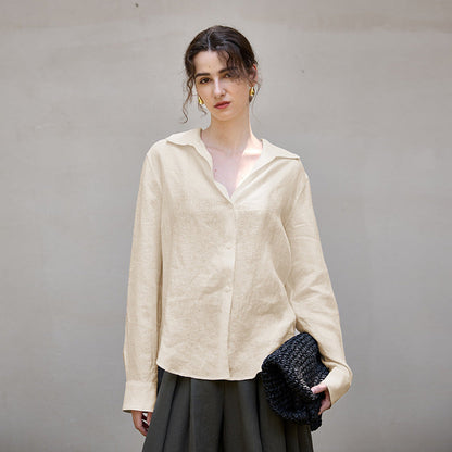 High-Quality Linen Long Sleeve V-Neck Blouse for Women