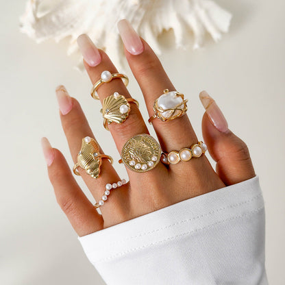 Flower-Decorated Pearl Ring Set Retro Baroque Geometric Rings