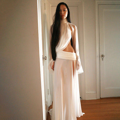 Sexy Sheer High Neck Flared Sleeve Top And Split Maxi Skirt Set