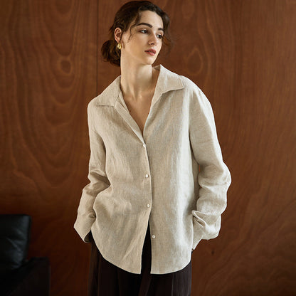 Linen V-Neck Long Sleeve Shirt For Women - Casual Elegant Office Top