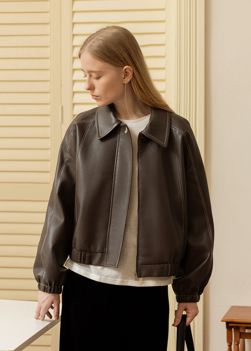 Faux Leather Bomber Jacket With Oversized Collar