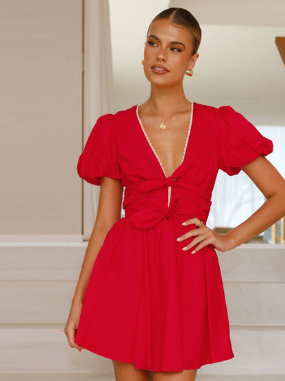Sweet Lace Trim Deep V-Neck Puff Sleeve Dress