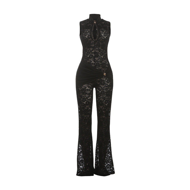 Sleeveless Lace Panel Jumpsuit - High Waist Slim Fit