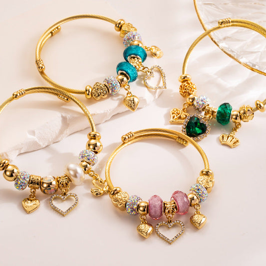 Heart-Shaped Crystal Bracelet Adjustable Handcrafted Stainless Steel Bangle