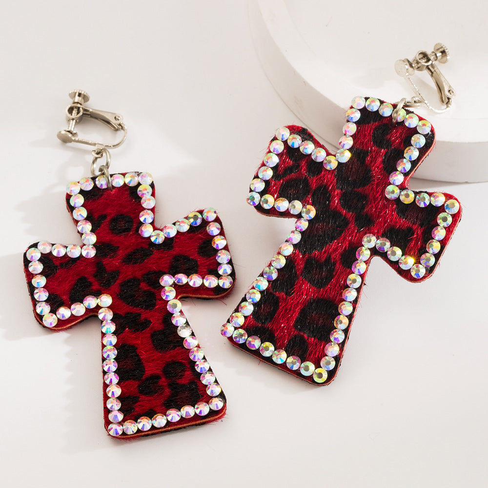 Trendy Y2K Cross Earrings Genuine Leather Leopard Print Geometric Style